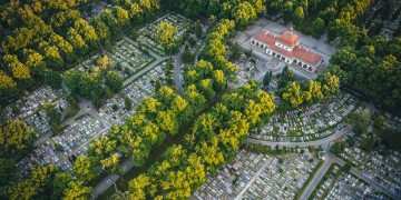 Widok z lotu ptaka na cmentarz, z wyraźnymi ścieżkami i nagrobkami w otoczeniu drzew. Widać również budynek kościoła w centralnym punkcie cmentarza.