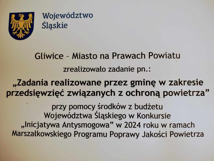 A document titled "Gliwice - City on County Rights," discussing air protection initiatives funded by Silesian Voivodeship.